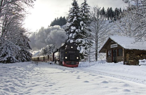 Harzer Schmalspurbahn fährt duch Winterlandschaft